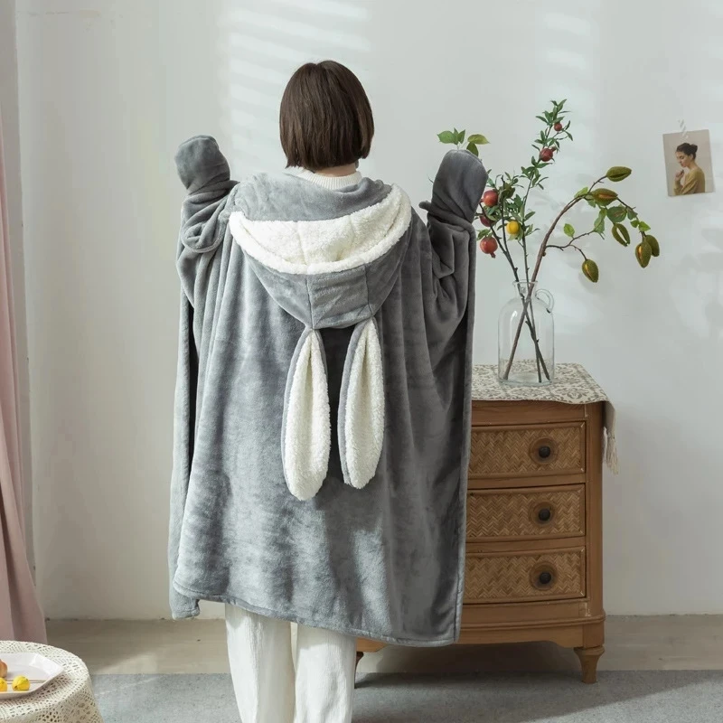 Cute Wearable Cute Rabbit Blanket Coral Velvet Warm Throw Blanket In Winter Japanese Style Hooded 1005006966378201