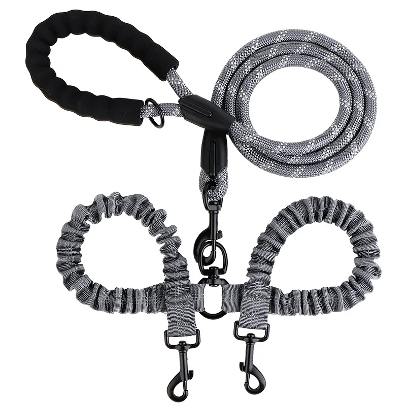 New Double Head Pet Towing Rope One Drag Two Night Reflection Anti Winding Elastic Nylon Walking 1005007014917296