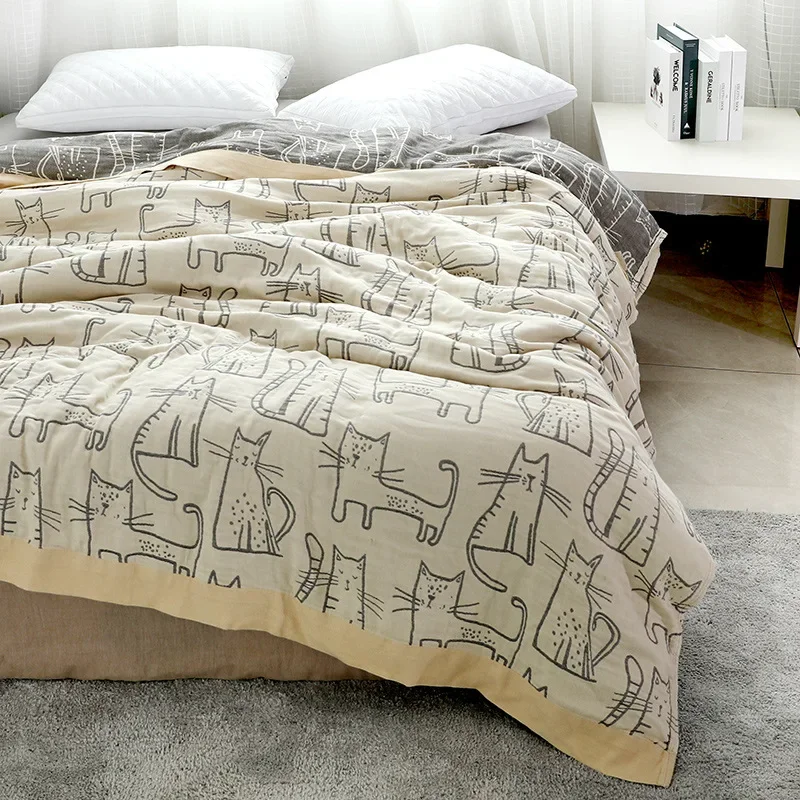 WASART Pure cotton twel muslin quilt blanket cartoon cat print luxury double bed summer bedspread 1005007047982509
