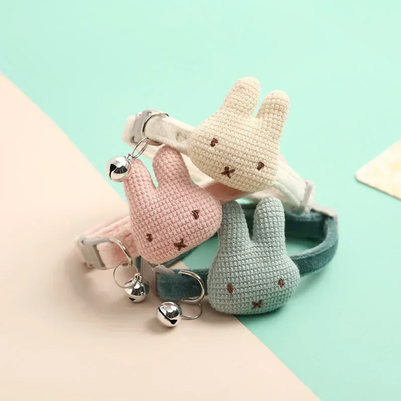 Cute knitting Cartoon Bunny Bell Adjustable Cat Necklace Traction Safety Buckle Pet Collar Small 1005007099507452
