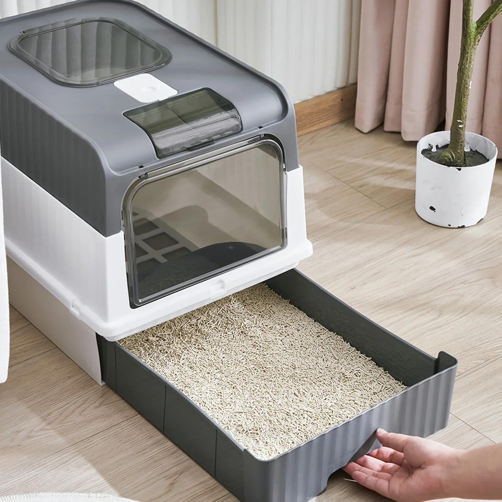 Portable Collapsible Cat Litter Pan with Splash Guard and Plastic Scoop, Pet Litter Box with Lid 1005007136058894