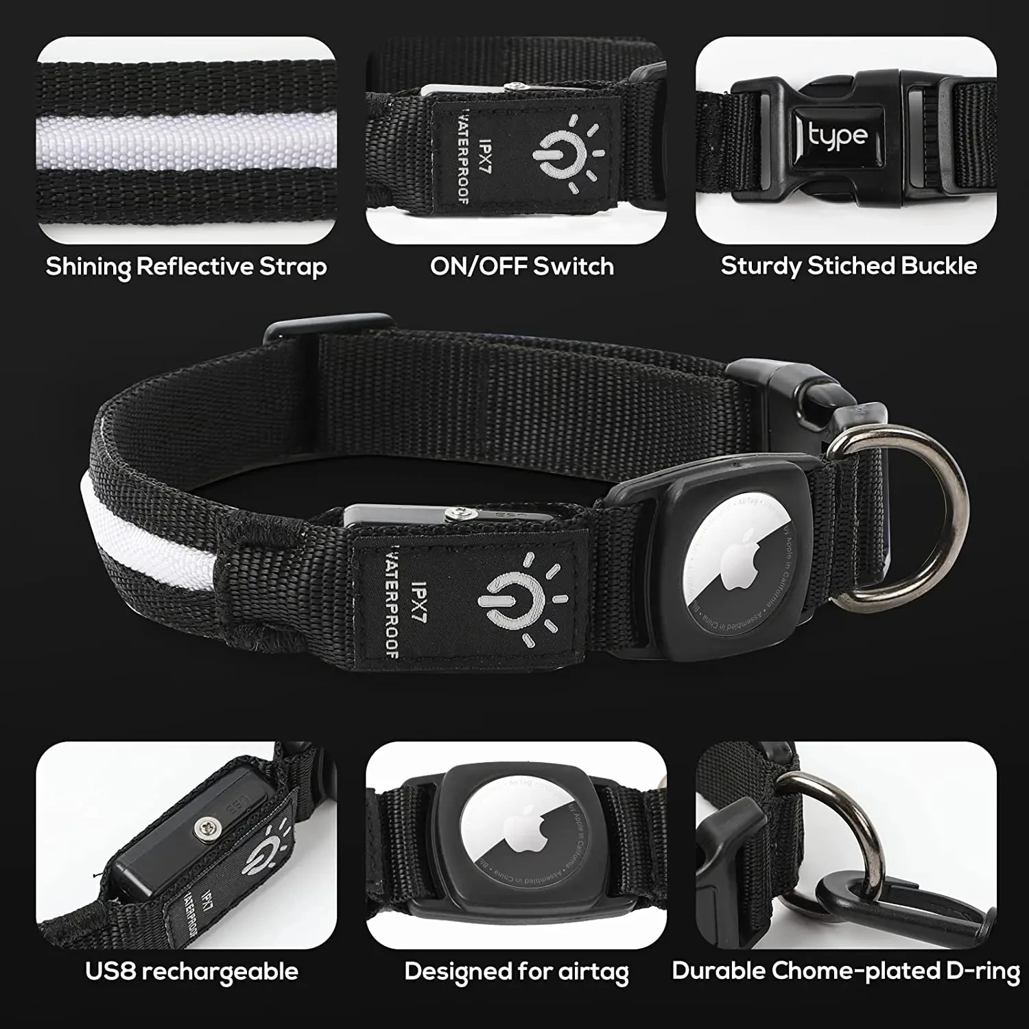 Led Dog Collar For Apple Airtag Finder WaterProof Light USB Chargeable Airtag Collar Pet 1005007187202837