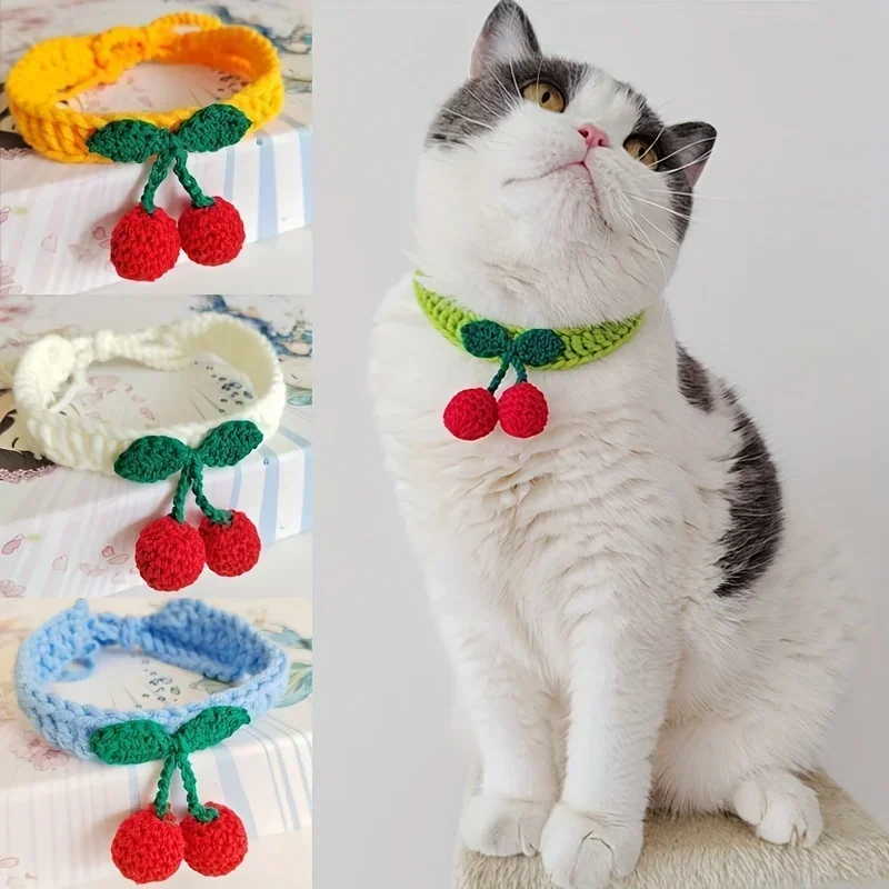 Pet Collar Handmade Knitted Cat Collar With Cherry Decor Cute Cat Necklace Cat Supplies ошейник для 1005007263931570
