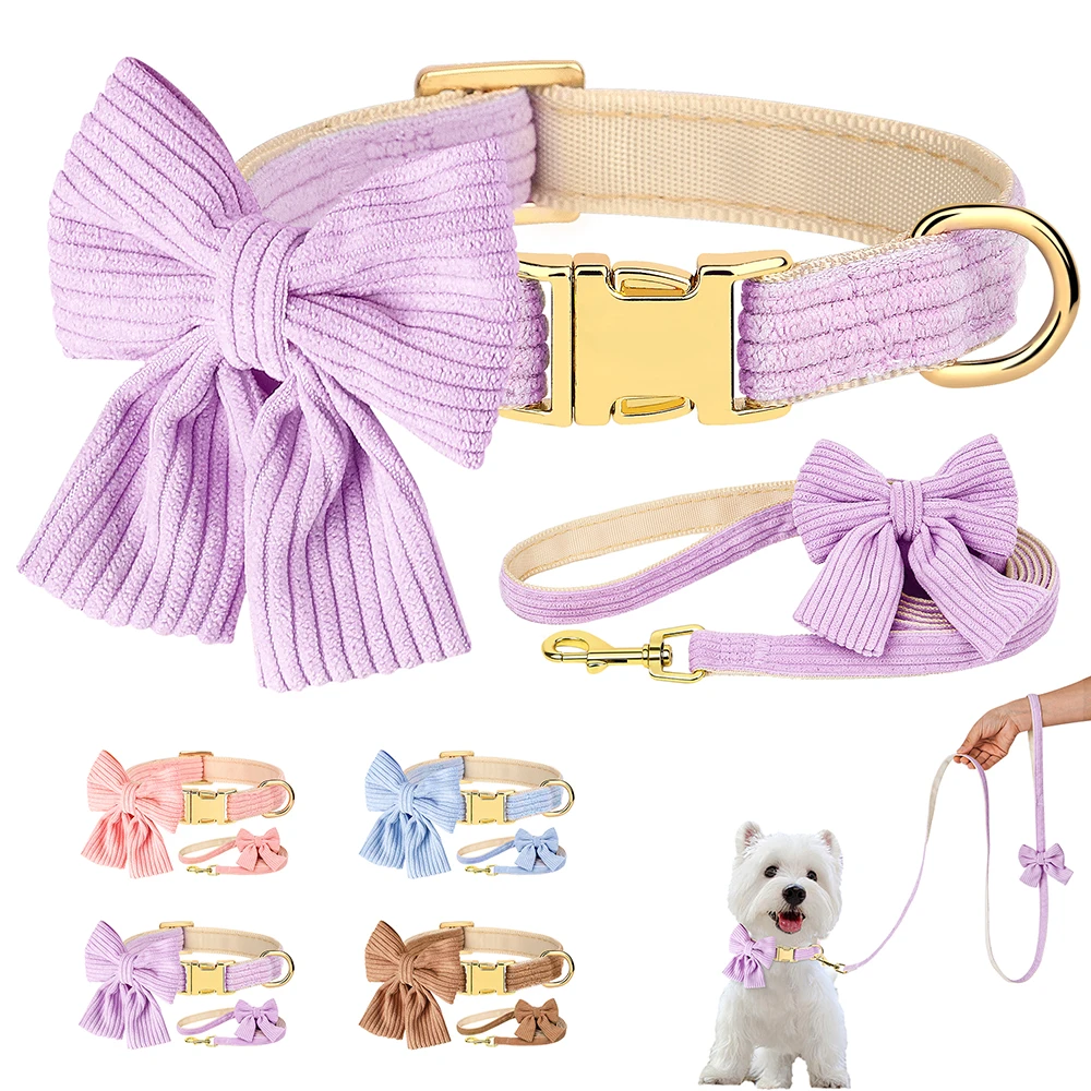 Dog Collar Leash Set Cute Bowknot Puppy Dog Collars Walking Lead Rope Soft Velvet Pet Necklace 1005007291785788