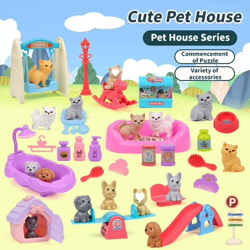 Cute Cat Dog Pet Basket Family Toys Pretend Play Toy Dog Doll Set Mini Animal Scene Playing Toys 1005007347331770