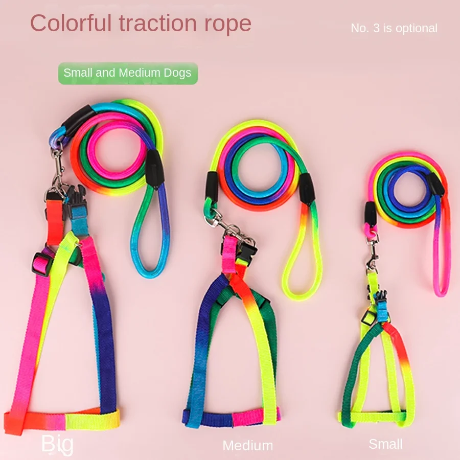 Dog Pet Leash + Harness Two-Piece Set Cat Leash Colorful Pet Harness Round Rainbow Color Cat Leash 1005007353581674