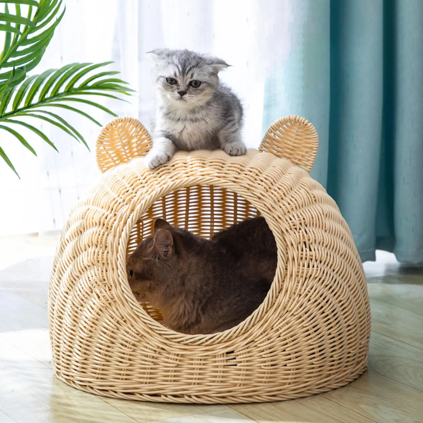 Rattan Woven Cat Bed House Semi-Closed Flat Bottom Cat Nest for Indoor Cat Kitten Hideaway Playing 1005007355986550