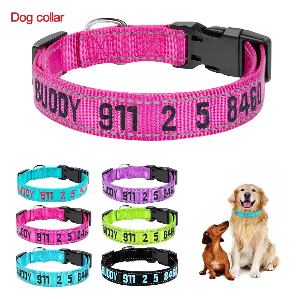 Custom Personalized Embroidered Dog Collar Nylon Reflective Adjustable Name ID 1005007374462261