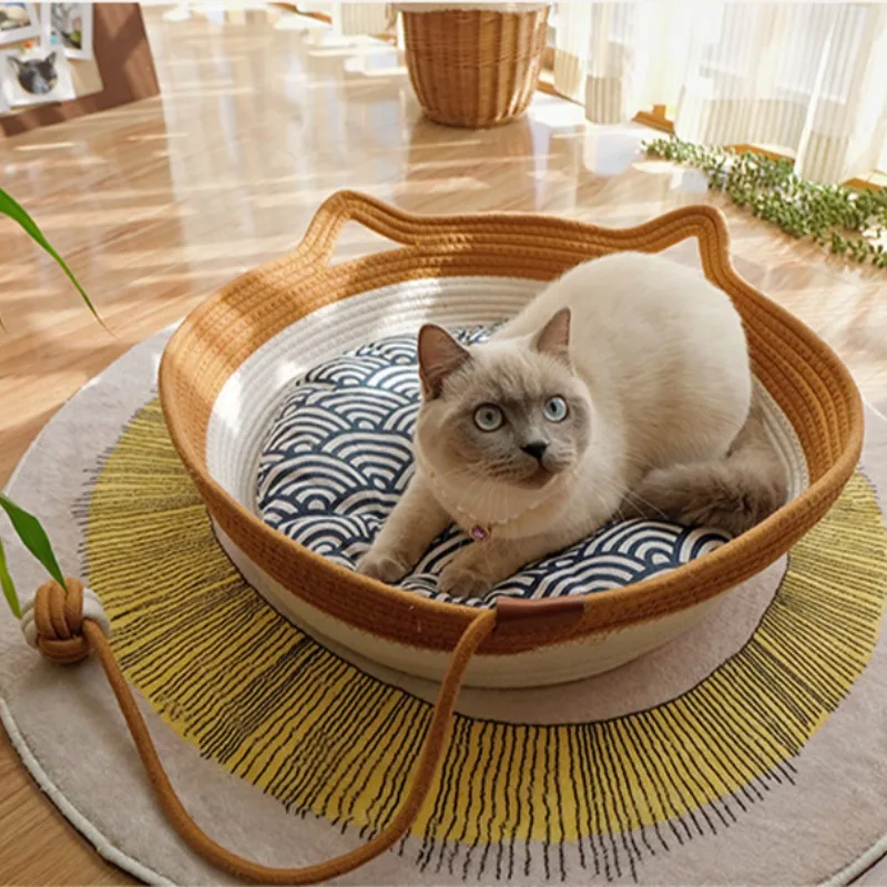 Four Seasons Cat Bed Woven Removable Upholstery Sleeping House Cat Scratch Floor Rattan Washable 1005007413214329