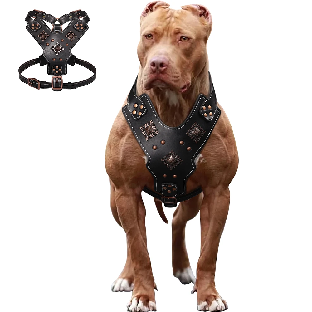 Genuine Leather Dog Harness Durable Large Dogs Harnesses Riveted Pet Training Vest With Metal 1005007419260703
