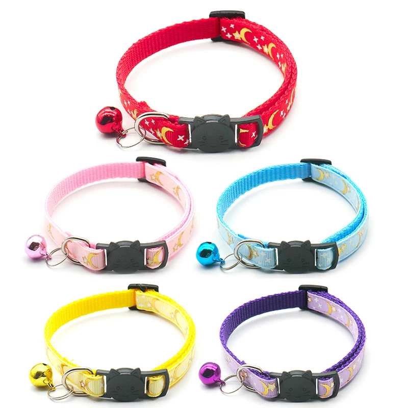 Gold Stars and Moon Cat Collar with Reflective Safety Buckle and Bell Adjustable Cats And Small 1005007462680738