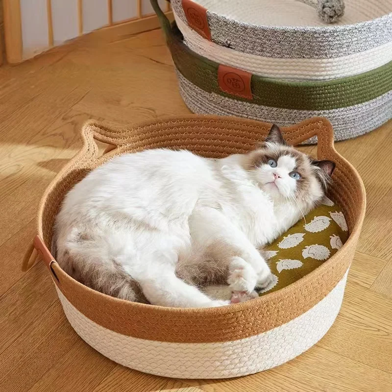 Japanese Pet Cat Bed Round Hand Woven Rattan Cat Beds Summer Cooling Kitten Basket Cotton Rope Cat 1005007488940322