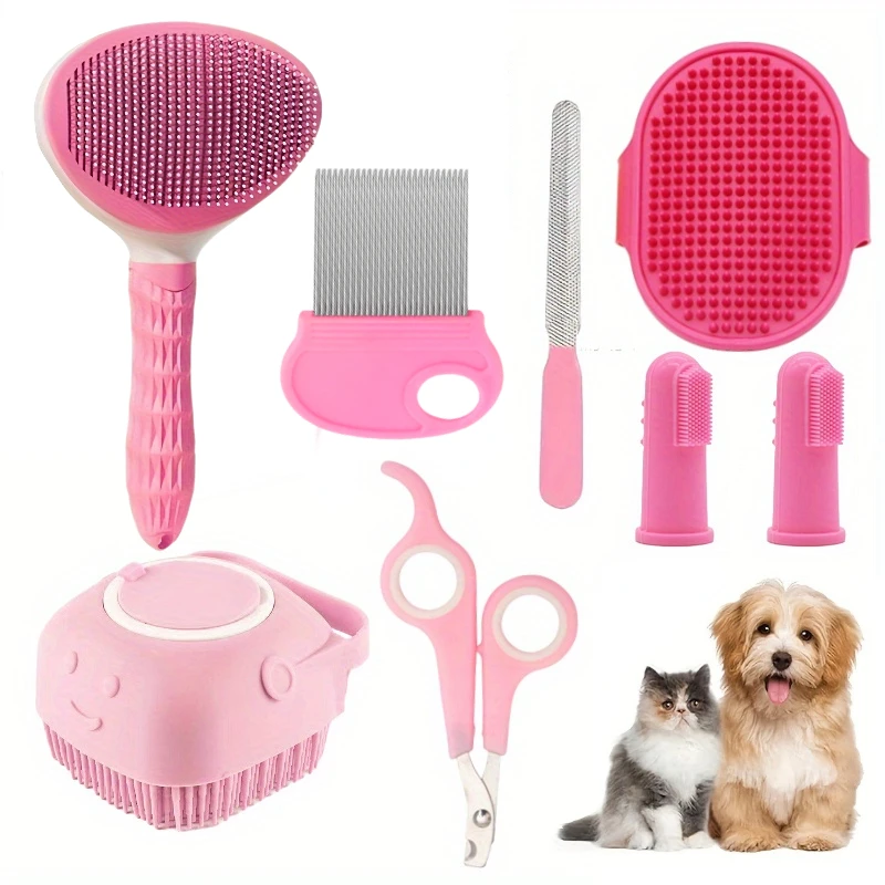 Cat Grooming Kit with Self-Cleaning Slicker Brush, Nail Clippers, Comb & Dental Care (8pcs) 1005007514272919