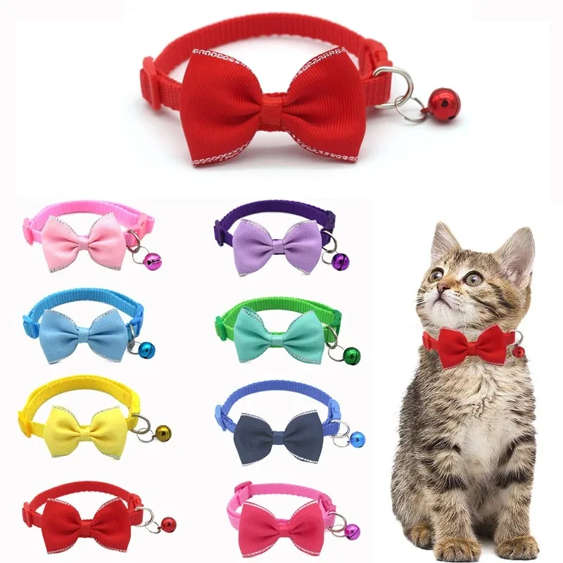 Cat Collar Solid Color Bowknot Puppy Chihuahua Collars with Bell Adjustable Safety Buckle Cats Bow 1005007526218893