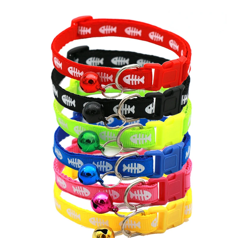 Adjustable Cartoon Fish Bone Dog Kitten Cat Collar with Bell Polyester Buckle Collars for Small 1005007575968016