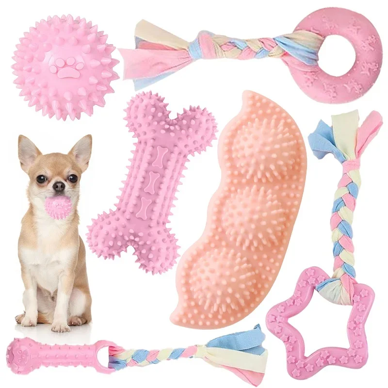 Dog Chew Toys for Cleaning Teeth Pink Soft Rubber Bone Funny Ball Interactive Donut Treat Set 1005007604041236