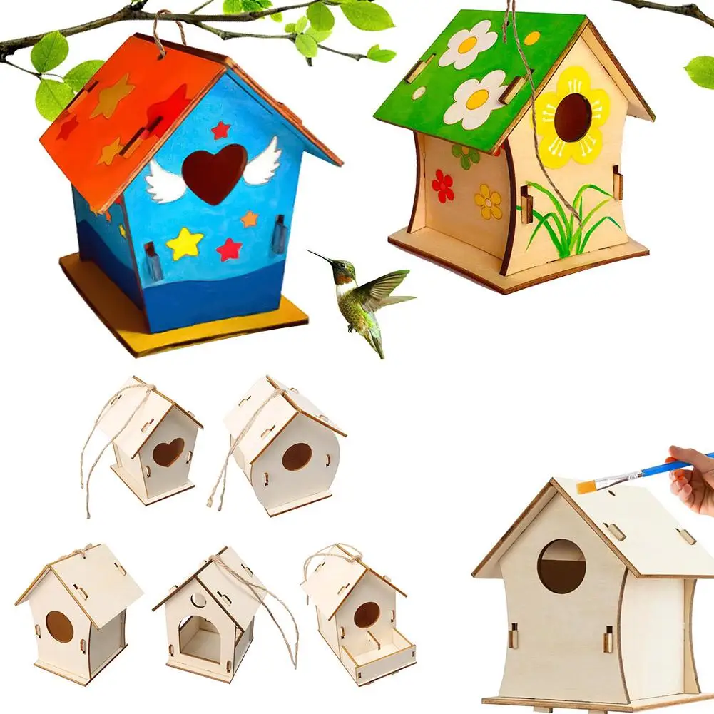 Wooden Mini Bird Cage Outdoor Hanging Birdhouse Box DIY Painting Blank Wood Garden Bird Cages Yard 1005007614720427
