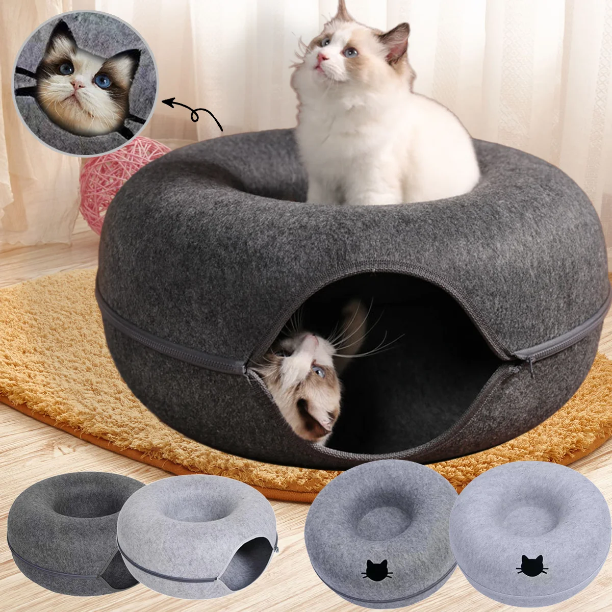 Felt Donut Bed for Cats House with Breather Hole Dog Bed Interactive Play Toys to Hide 2 1005007632550795