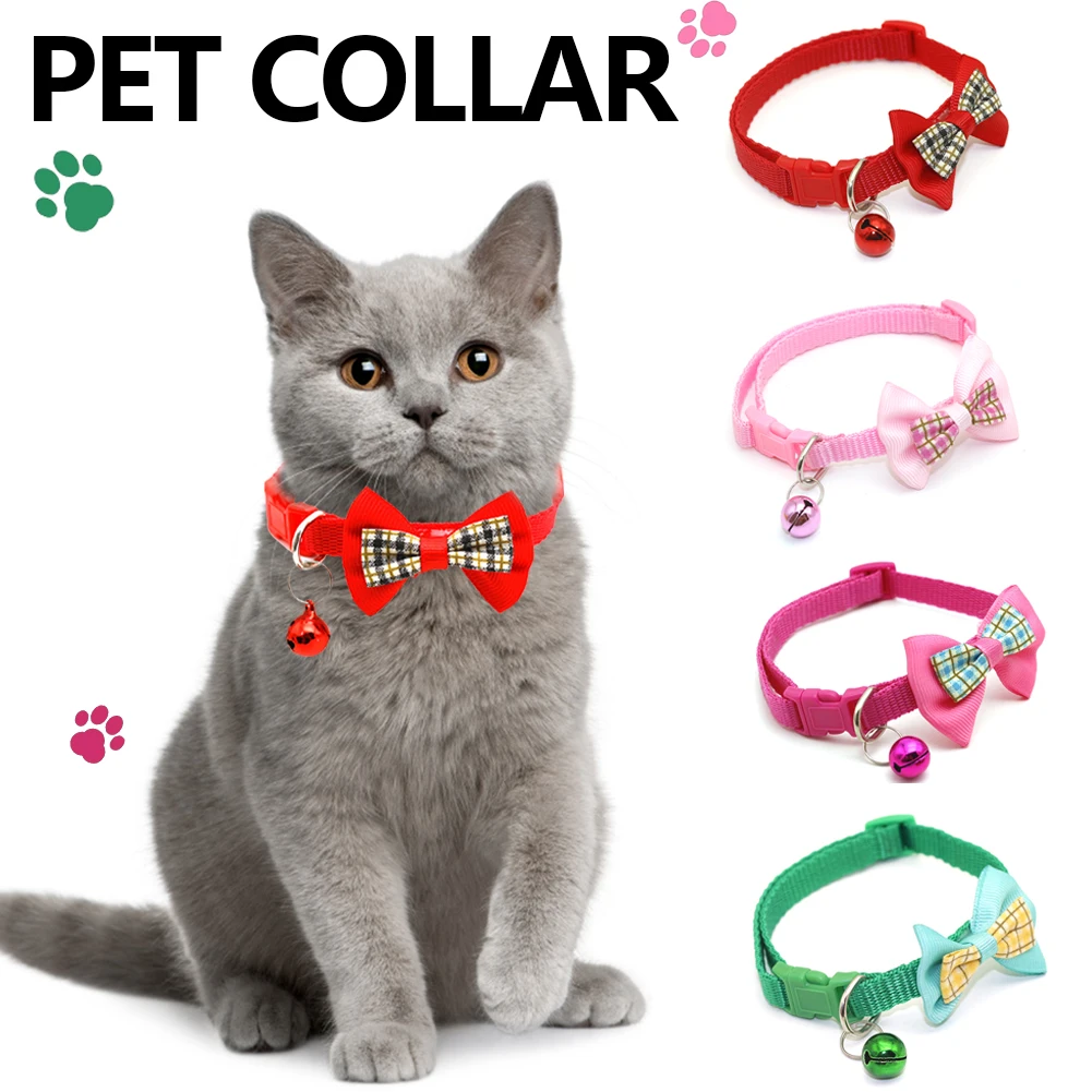 Pet Collar with Bell Cats Checked Bow Adjustable Buckle Neck Strap Puppy Dog Collar Pets 1005007647836577