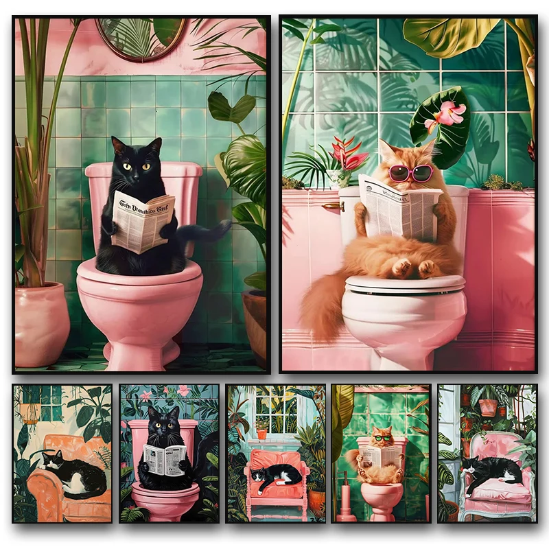 Funny Cat on Toilet Wall Art Reading Newspaper Canvas Posters Print Picture for Home Bathroom 1005007784183312