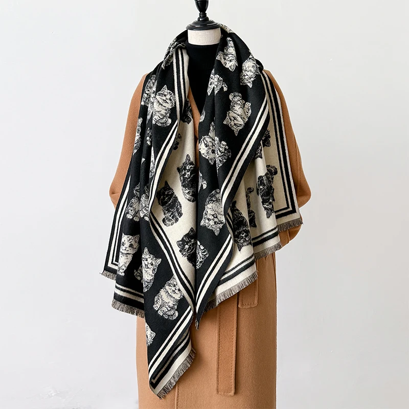 Cat Print Winter Warm Cashmere Scarf for Women Luxury Thick Blanket Shawl Wraps Pashmina 1005007825311476