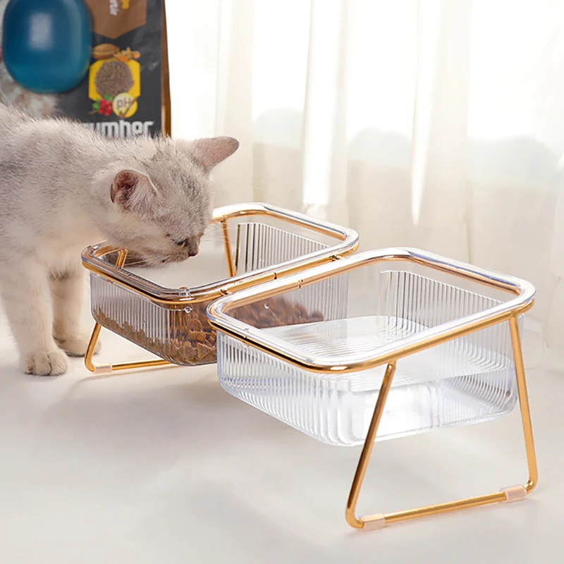 Pet Double Bowl Transparent High Foot Cat Bowl Drink Water Cat Food with Golden Stand Raised Water 1005007829371092