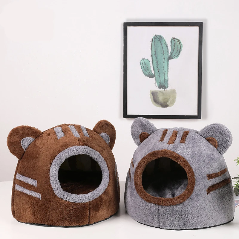 Winter Deep Sleep Comfort Cat Bed Cute Bear Head Shape Nest Pets Tent Cozy Cave for Cats House Soft 1005007856096850