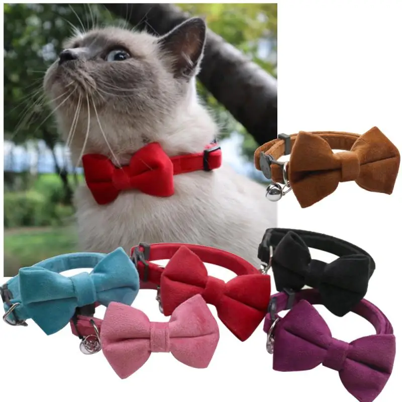 Velvet Cat Collar Solid Color Bowknot Puppy Chihuahua Collars with Bell Adjustable Safety Buckle 1005007866294057