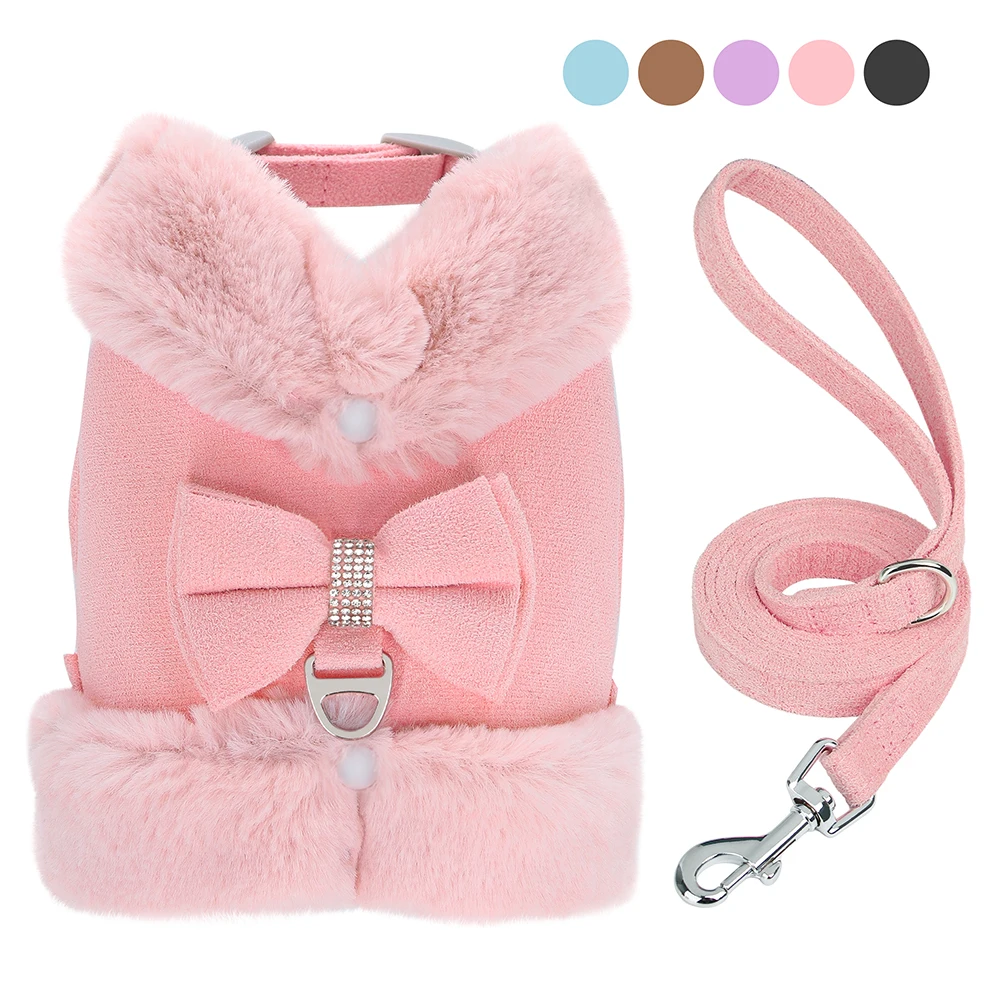Warm Fur Puppy Dog Harness Leash Cute Bowknot Dogs Cat Harnesses Padded Pet Vest with Matching Lead 1005007871419551