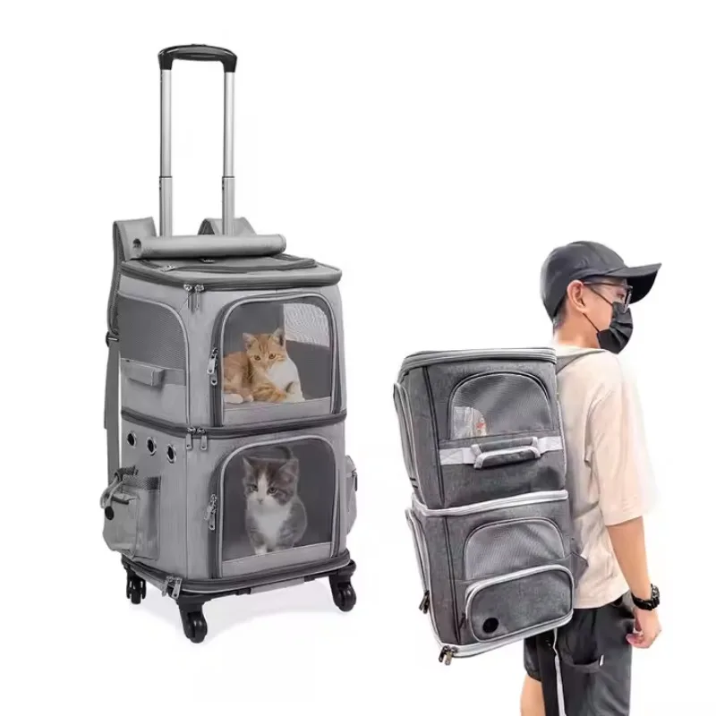 Double-Layer Pet Trolley Bag Large Space Portable Outdoor Travel Silent Easy to Put Two Cat 1005007872357097