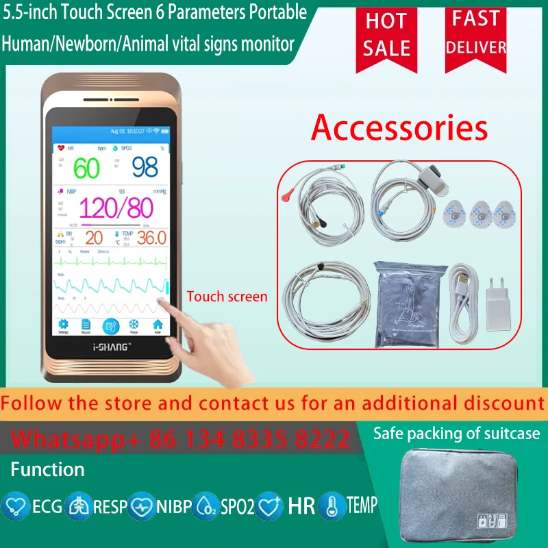 Portable 5.5-Inch Touch Screen Patient Monitor Human/Vet/Newborn Use 6-Parameter Vital Signs Monitor 1005007994340478