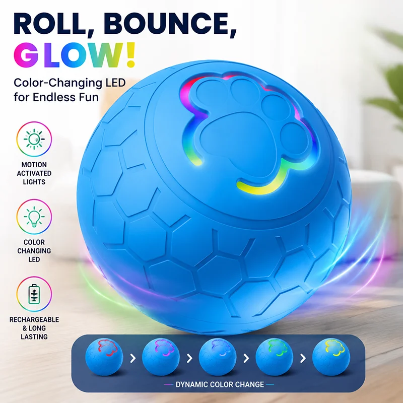 Interactive Dog Ball Vibrating Color Changing LED USB Rechargeable Automatic Moving Pet 1005008100547618