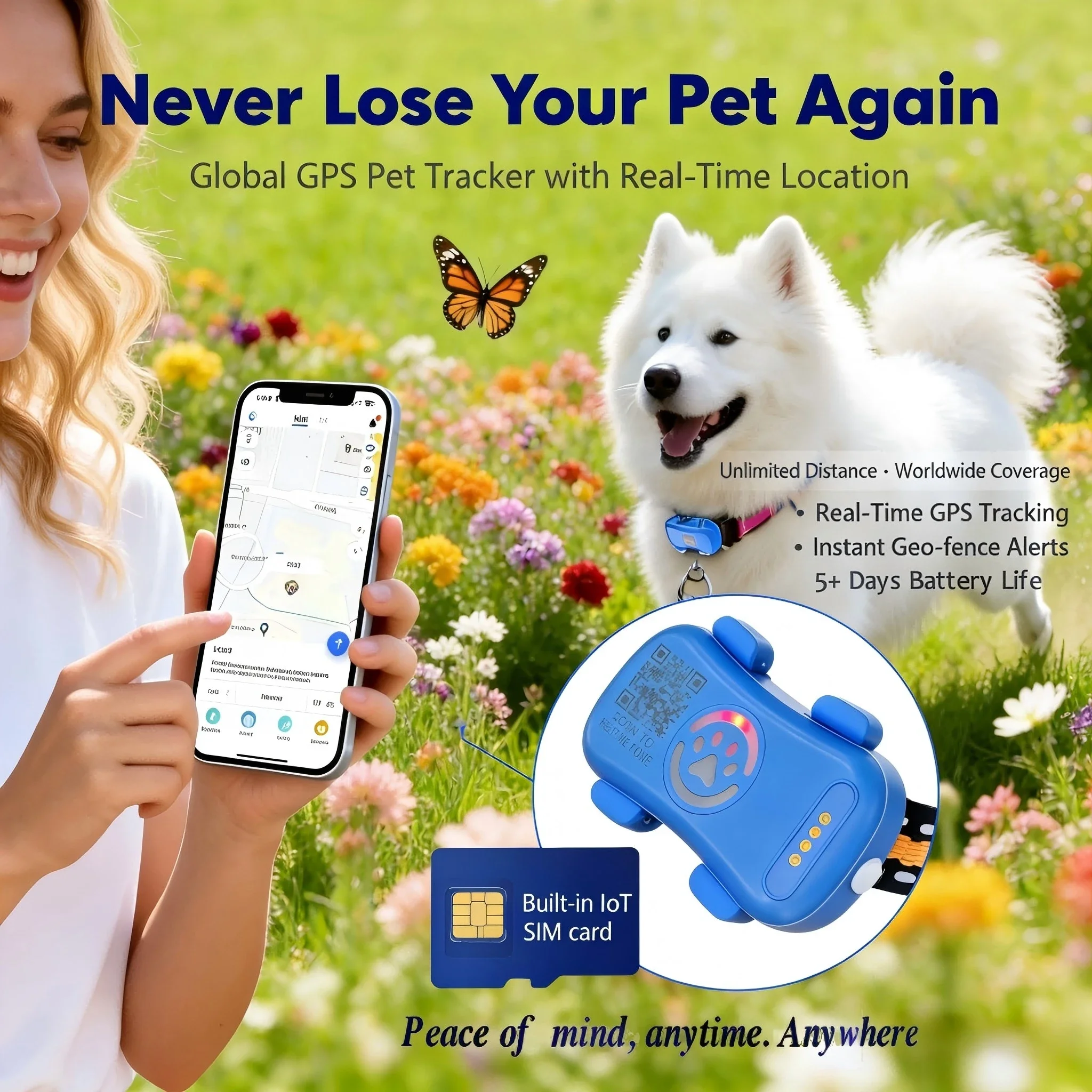 GPS Pet Tracker for Dogs Cats Built-In Iot Sim Wifi Tracking Unlimited Distance QR Code Anti-Lost 1005008129348684