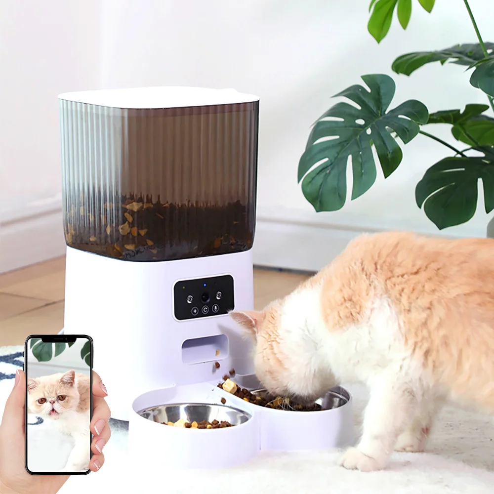 Double Bowls Smart Automatic Cat Feeder with Camera Cat Dry Food Video Dispenser Pet Smart Voice (5L) 1005008176795267