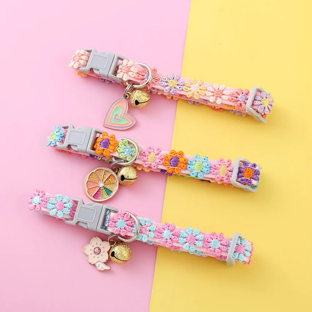 Fashion Rainbow Lace Flower Cat Collar with Bell Adjustable Buckle Necklace Small Medium Dog 1005008188117719