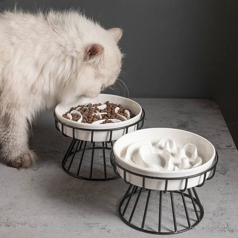 New Ceramic High-Legged Cat Bowl with Large Diameter, Anti-Choking, Slow Feeding, Anti-Knockover 1005008191959655