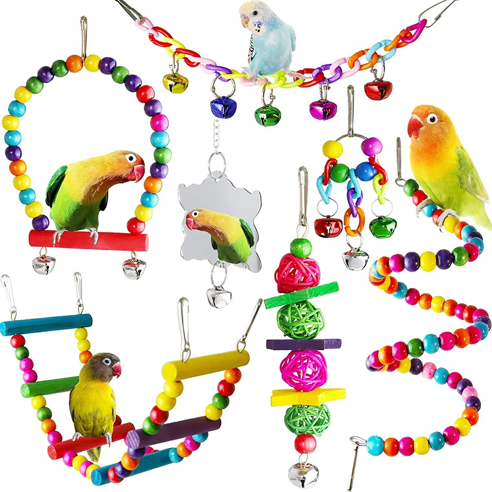Parrot Toy Bird Cage Accessories Bird Accessories Stair Mirror Swing Bell Bird Toy (7PCS) 1005008216653064