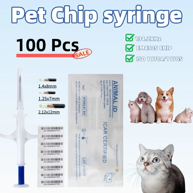 New 100pcs Pet Animal Microchip Syringe 134.2KHz FDX-B EM4305 ID Chip for Dogs Cats Horses Fish 1005008317597340