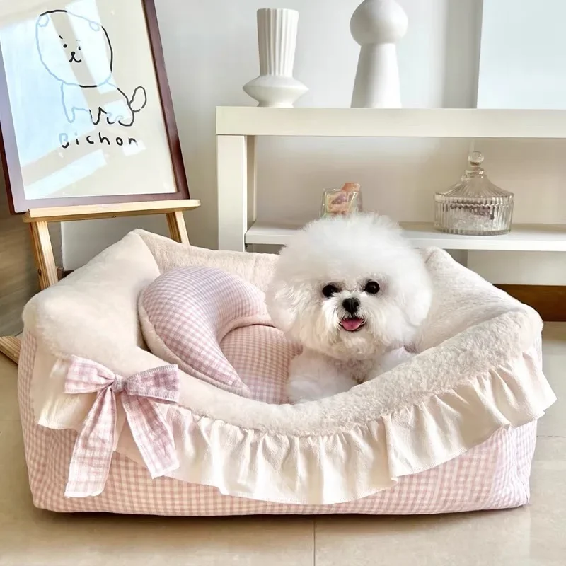 Pet House Bed Cats Small Dog Sofa Cat Nest Rural Style Pure Cotton with Lotus Leaf Edges Detachable 1005008467807349