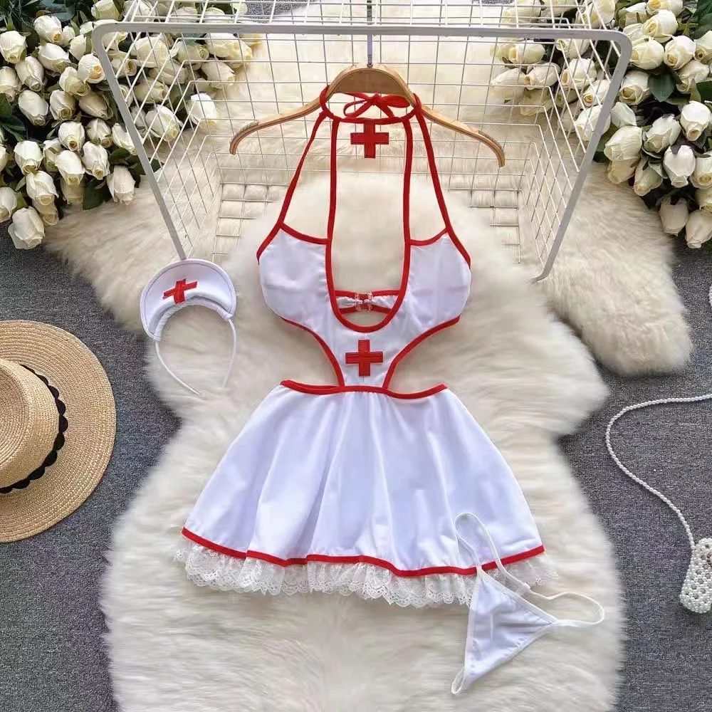 Halter Dropped Cosplay Costume Dresses Waist Sexy Nurse Uniform Lingerie Hollow Revealing Neckline 1005008506196565