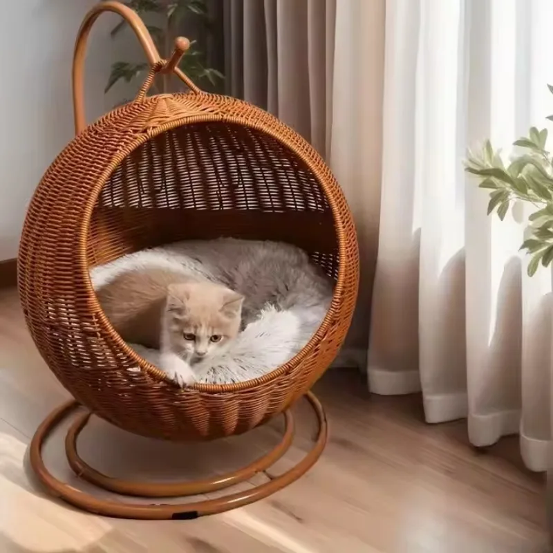 Semi-Enclosed Pet Hammock Hanging Cat Nest Round Rattan Cat Cage Cat Bed with Plush Cushion Pet 1005008523691751