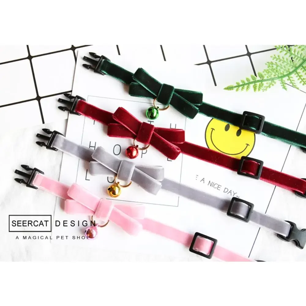 Elastic Adjustable Puppy Collar Kitten Necklace Velvet Bowknot Cat Chihuahua Collars with Bell 1005008528200408