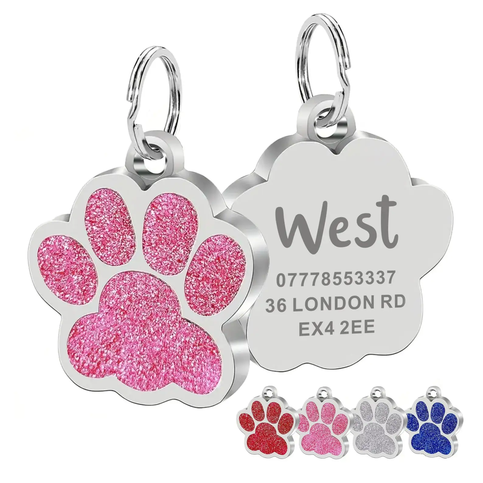Custom Pet ID Tag, Personalized Engraved Name Tag for Dogs & Cats, Glitter Paw Print Charm 1005008582613509