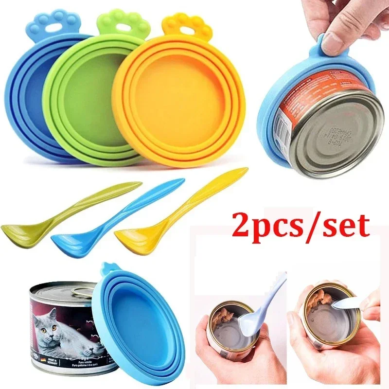 2pcs/Set Reusable Pet Food Can Cover Silicone Dogs Cats Storage Tin Cap Lid Seal Cover with Spoon 1005008603828560