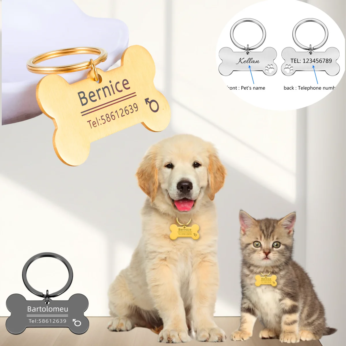 Personalized Engraved Pet ID Name Cat Dog Bone ID Anti-Lost Tag Stainless Steel Pendant for Cat 1005008633038309