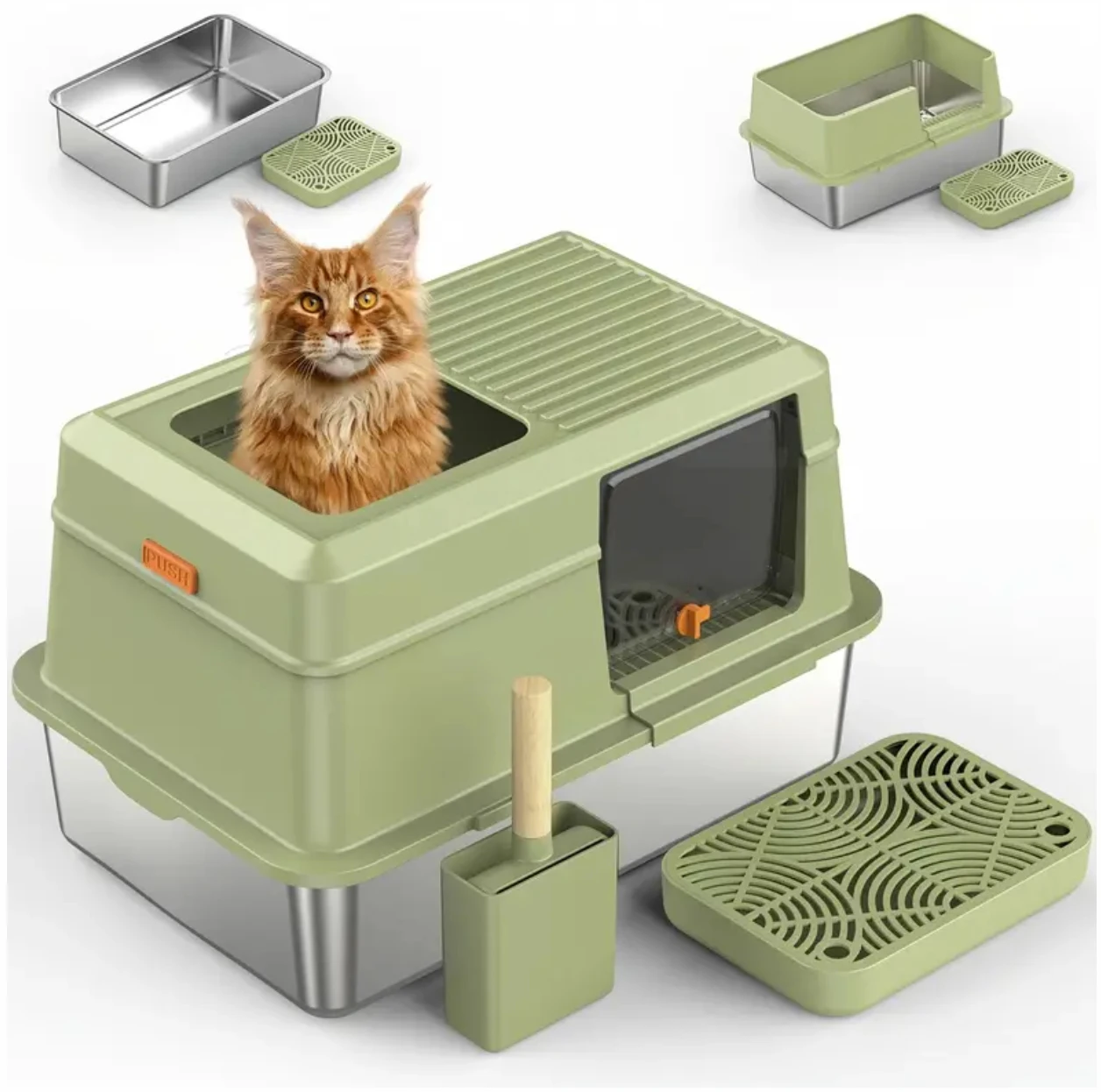 Green Stainless Steel Enclosed Cat Litter Box with Lid, Metal Litter Box Includes Litter Scoop 1005008653507031