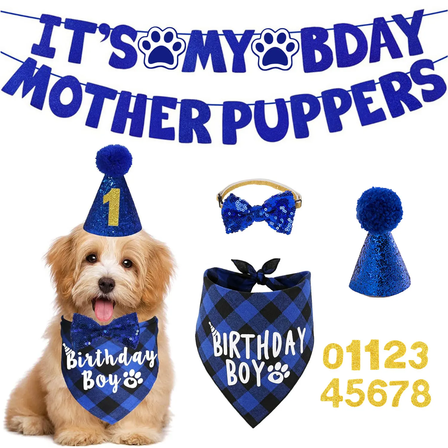 Dog Birthday Party Kit, Bandana, Hat, Bow Tie & Bday Banner for Small Dogs 1005008677704105