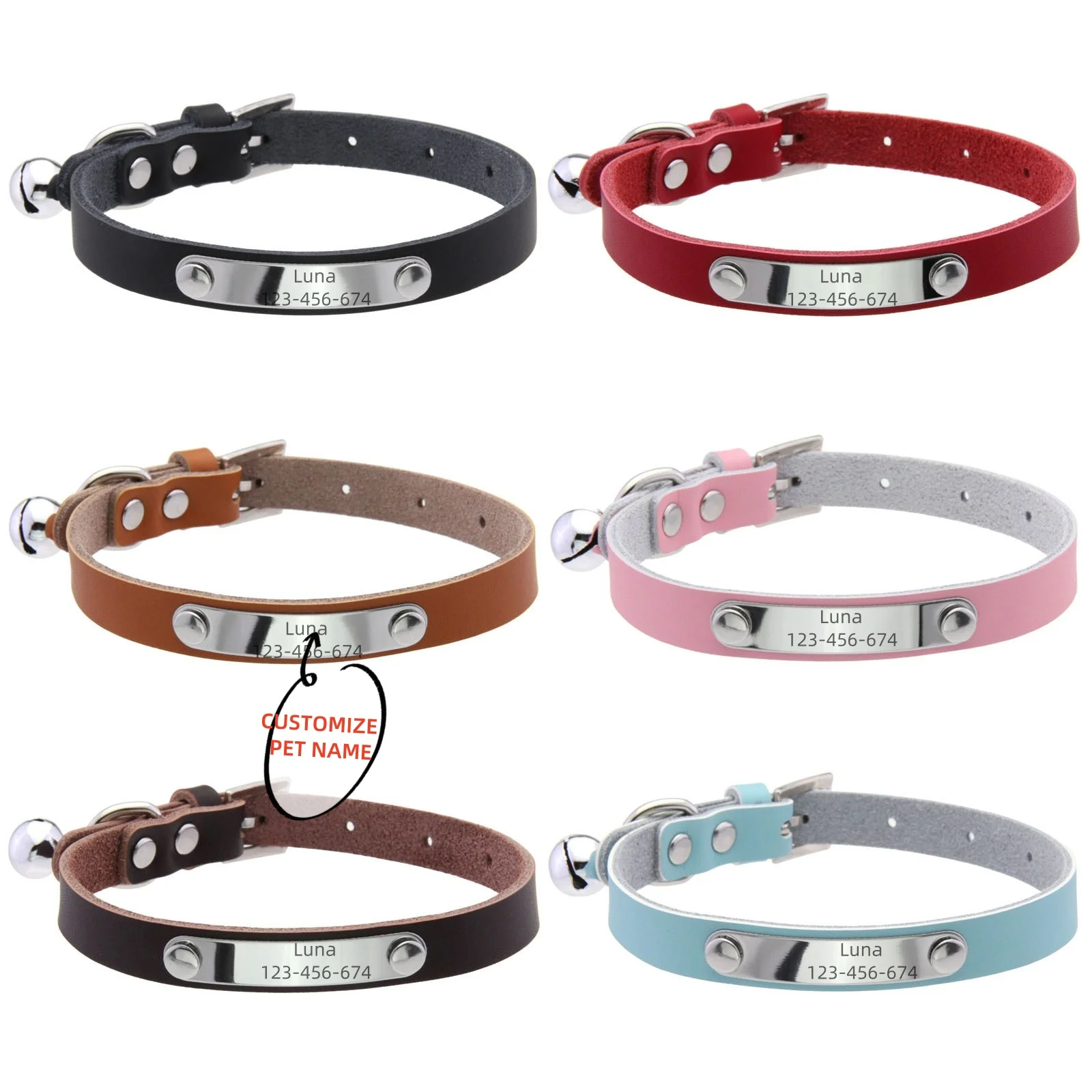 Adjustable Leather Cat Collar with Bell, Personalized Engraved Name Customized Kitten Collars 1005008701527631