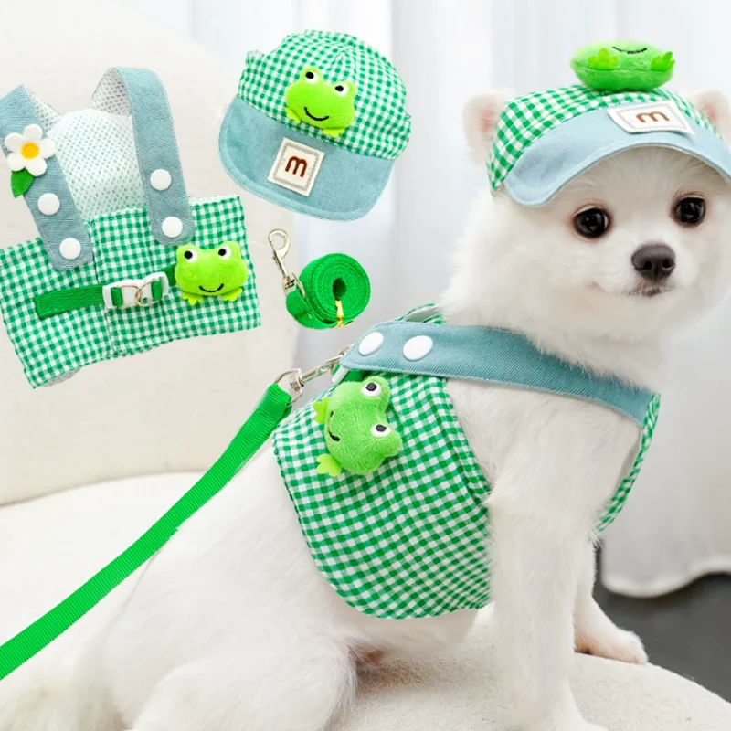 Dog Harness and Leash Set with Dog Sun Hat Summer Cute Frog Plaid Dog Vest Harness for Small Dogs 1005008703583838