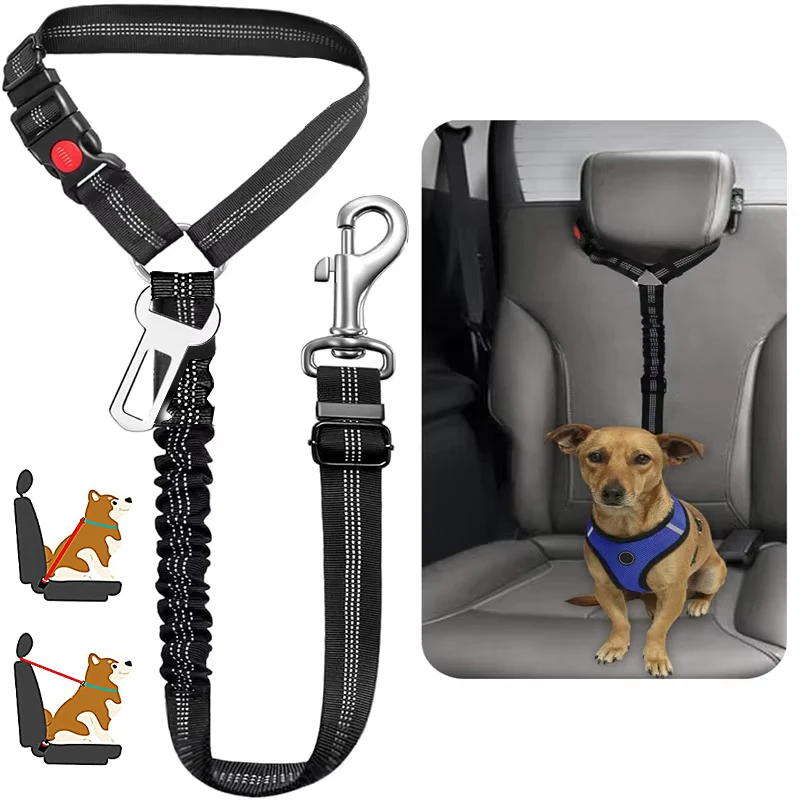 Solid Dog Harness Leash Pet Car Seat Belt Heavy Duty Elastic Safety Belt Adjustable For (2 in 1) 1005008715084201